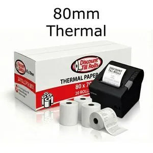 Box of 80mm thermal till rolls from DiscountTillRolls.ie with receipt printer