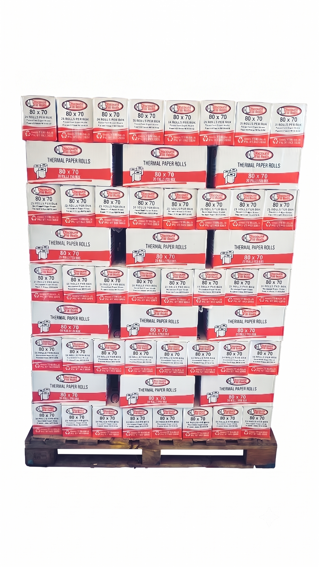 Pallet of 80mm thermal till rolls ready for delivery in Ireland