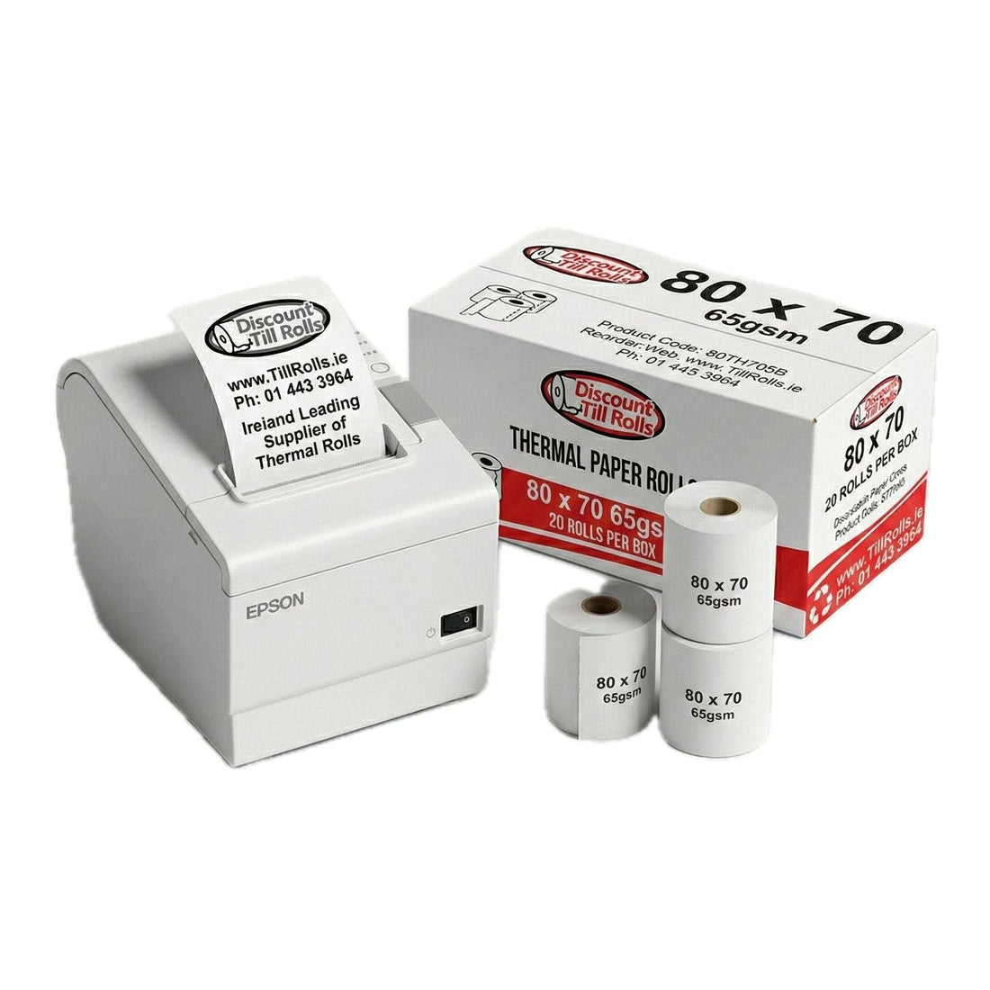 Box of 65gsm 80x70mm thermal till rolls