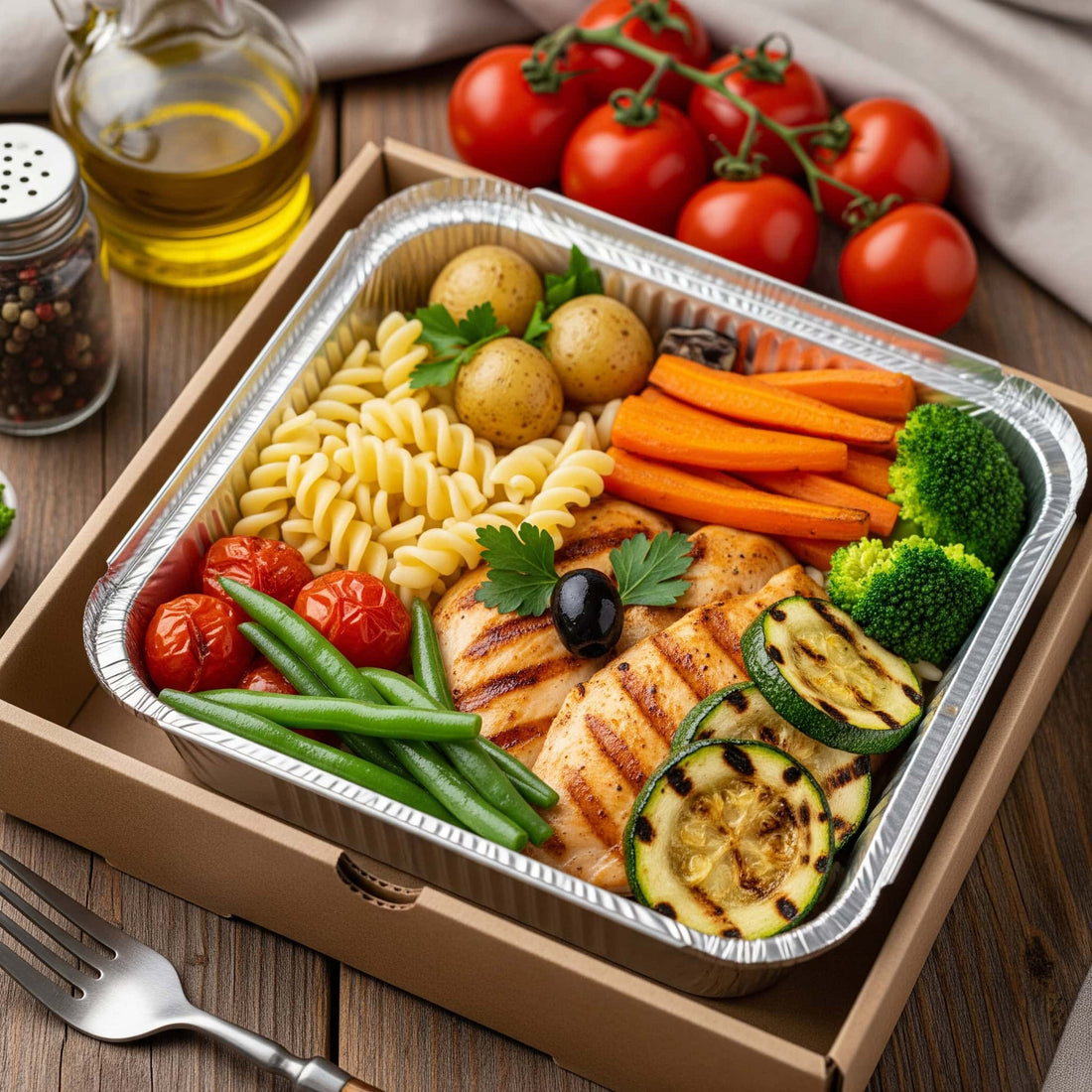 9x9 inch foil container with lid holding food
