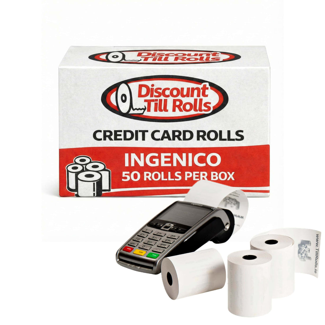 Ingenico card terminal with a box of 57x40mm credit card rolls