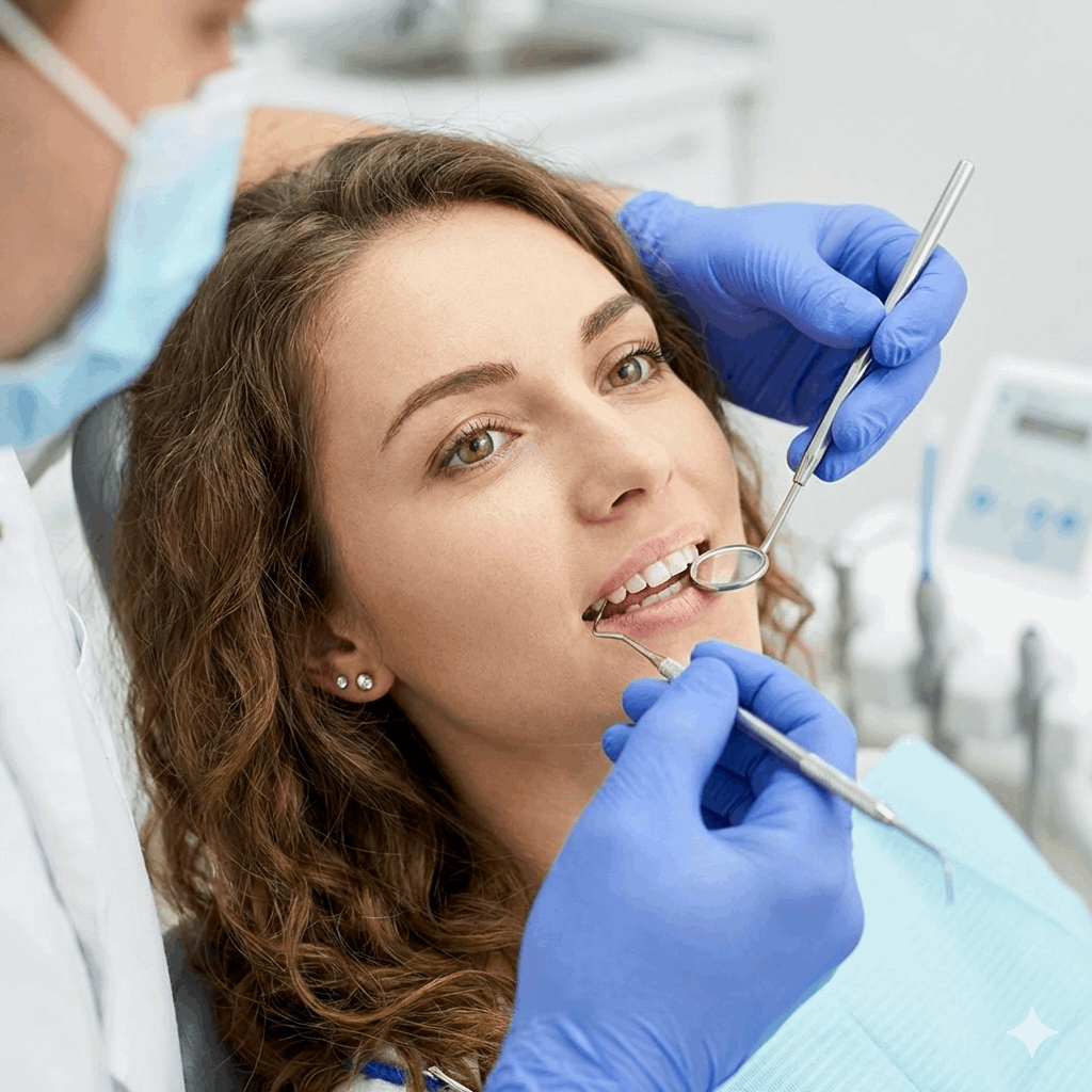 Dentist wearing a properly fitted blue nitrile glove
