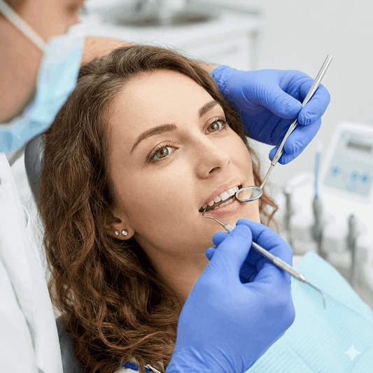 Dentist wearing a properly fitted blue nitrile glove