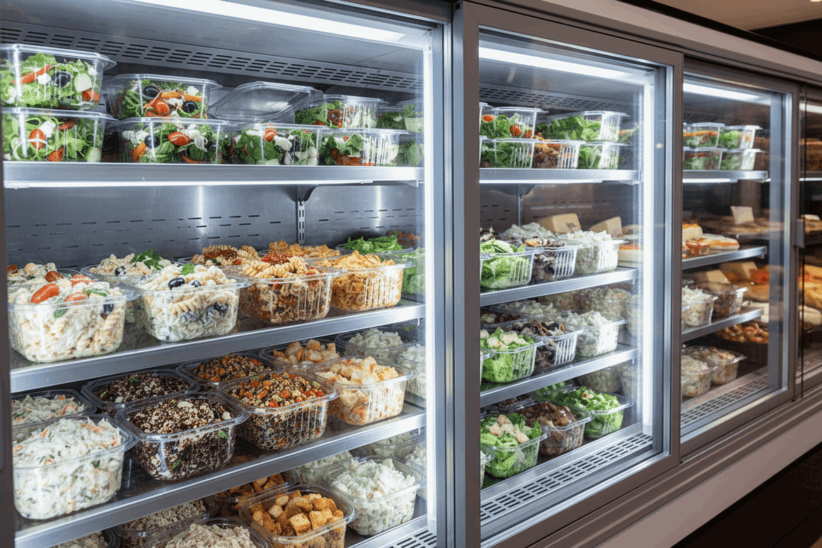 1000cc Octobox Hinged Salad Containers in deli display cabinet