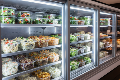 1000cc Octobox Hinged Salad Containers in deli display cabinet