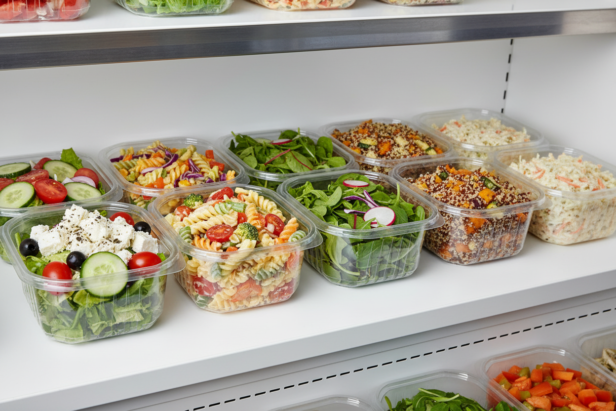 1000cc Octobox Hinged Salad Containers on deli display shelf