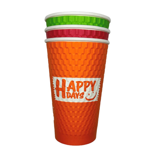 Orange cup with 'Happy Days' text and green, red, and white lids on a white background