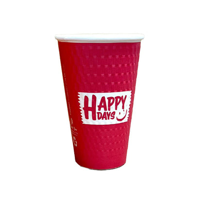 Red paper cup with 'Happy Days' logo on a white background