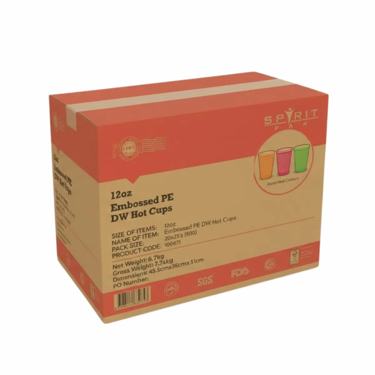 Box of 12oz Embossed PE DW Hot Cups with Spirit Pack branding on a white background