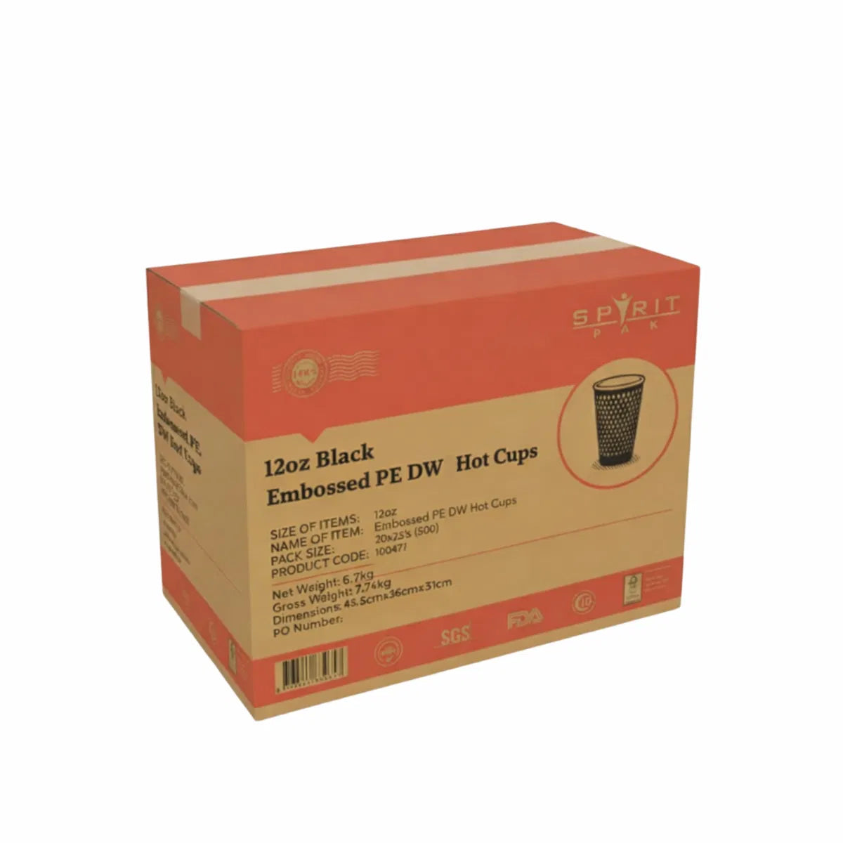 Box of 12oz black embossed PE DW hot cups with Spirit Plastics logo on a white background