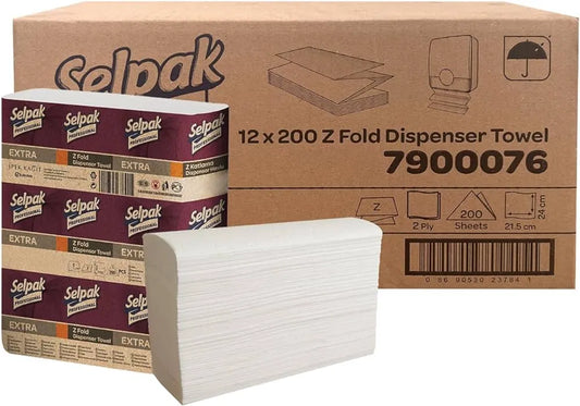 2ply Selpak Zfold White Hand Towels  packaging including a large box and multiple packages on a white background
