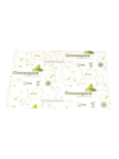 Packaging of Greenspirit Compostable Greaseproof Sheets on a white background