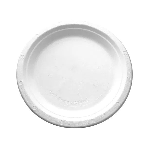 White 9" Bagasse plate on a white background