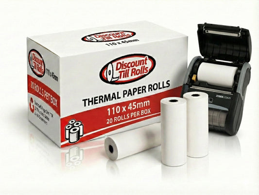 Box of Discount Till Rolls 110x45mm thermal paper rolls with a printer on a white background
