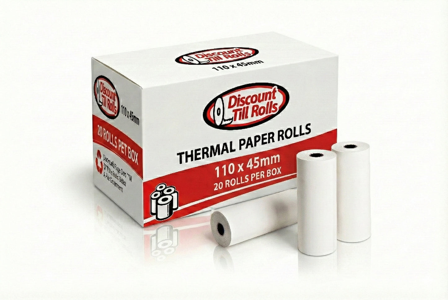 Box of Discount Till Rolls 110x45mm thermal paper rolls with three rolls on a white background