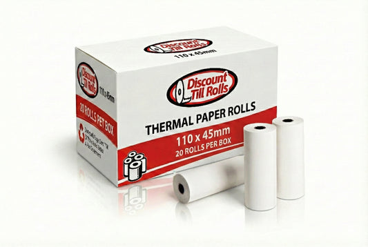 Box of Discount Till Rolls 110x45mm thermal paper rolls with three rolls on a white background