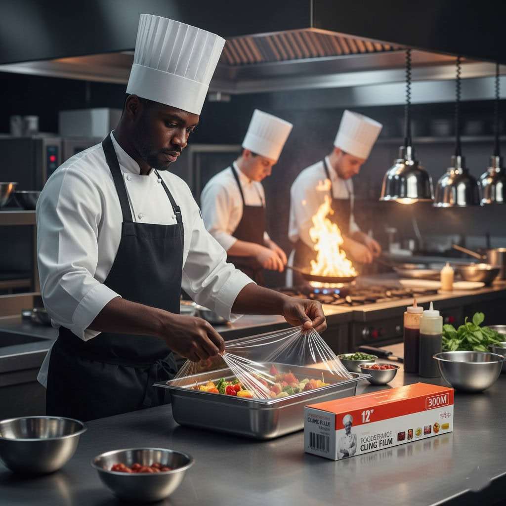 Chefs in a kitchen preparing food with a box of 12' cling film on the counter.