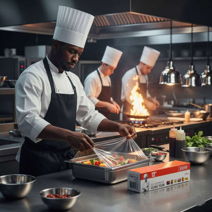 Chefs in a kitchen preparing food with a box of 12' cling film on the counter.