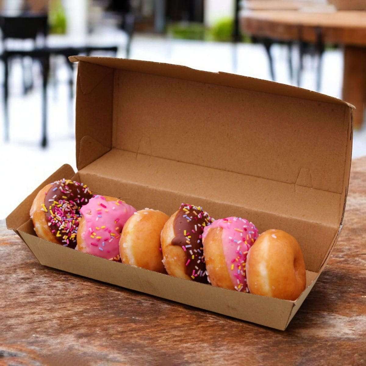 Corrugated clamshell box of assorted donuts on a wooden table with a blurred background