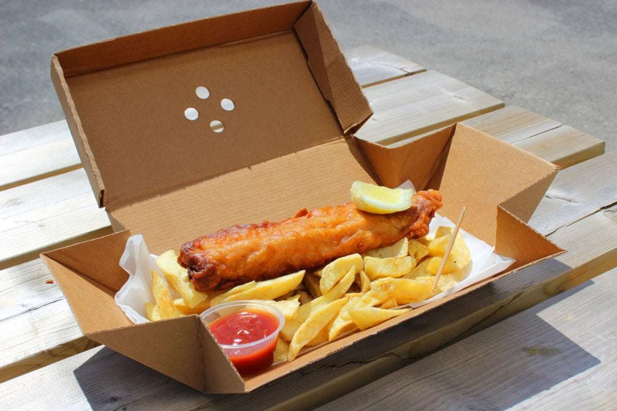 Premium Fold Out Burger Meal Box (240x120mm) (100's) with battered sausage and chips inside.