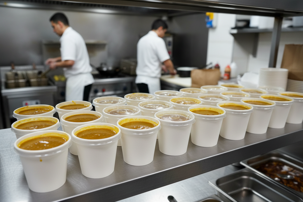 4oz portion pots with curry sauce on kitchen shelf