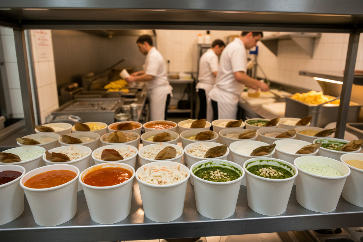 4oz portion pots with sweet and sour, coleslaw and pesto