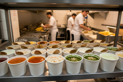 4oz portion pots with sweet and sour, coleslaw and pesto