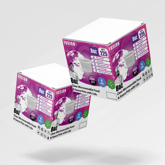 Two boxes of Fusion clear microwavable food and sauce pots with lids on a light gray background.