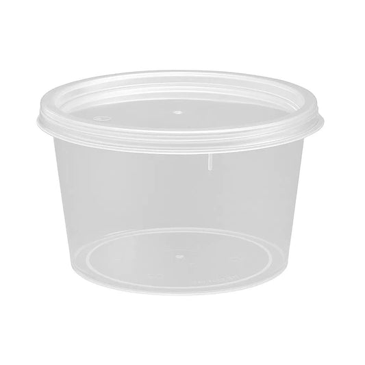 Clear 8ox Fusion plastic food container with lid on a white background