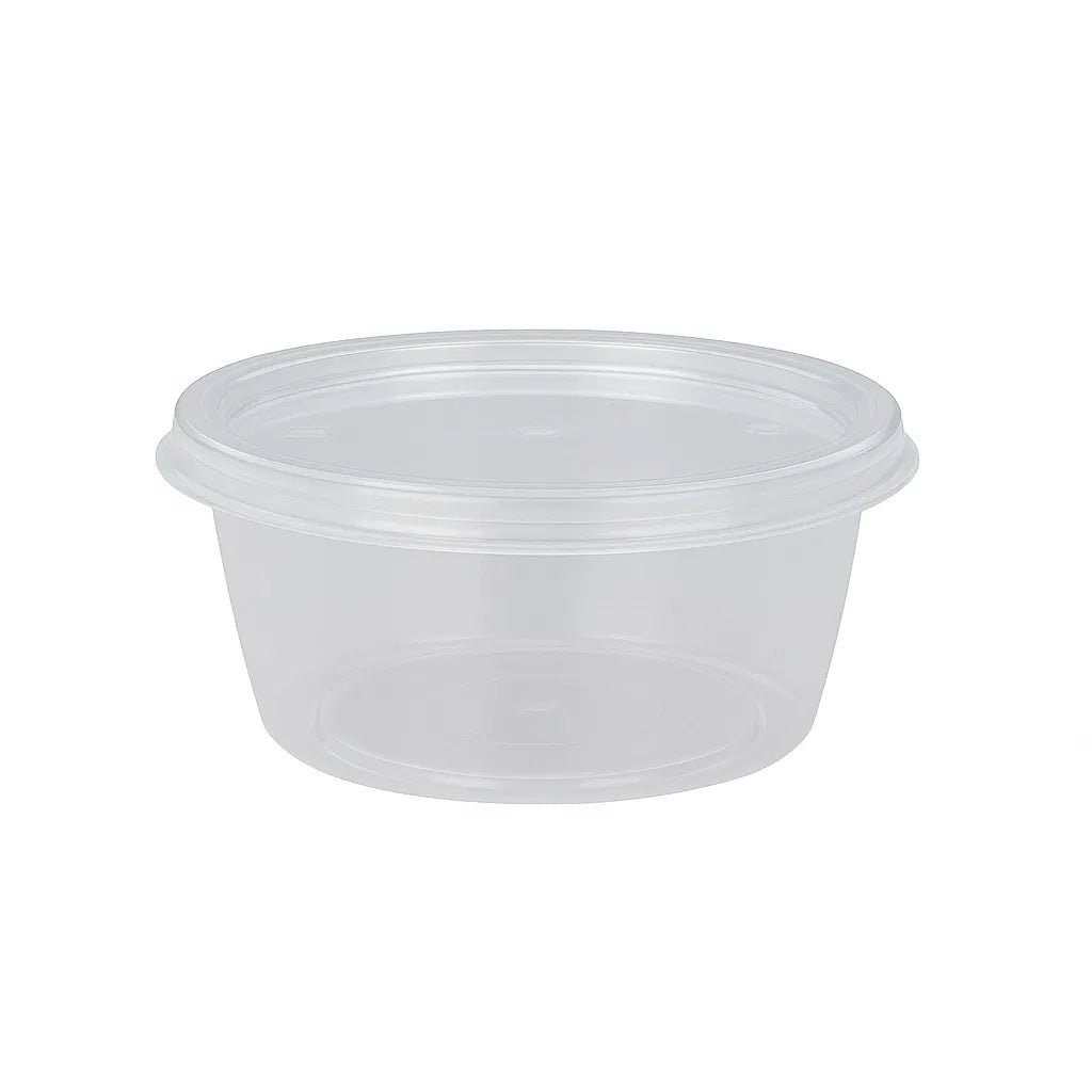 120356 Fusion 2oz Clear microwavable plastic food container with lid on a white background