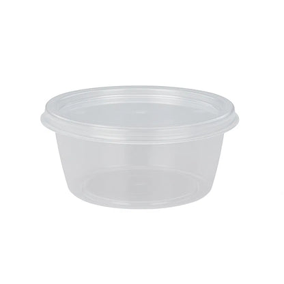 120356 Fusion 2oz Clear microwavable plastic food container with lid on a white background
