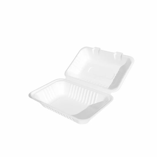 9"x6"x2" single compartment bagasse meal box with hinged lid open, certified home compostable, 4x50 case, SKU 120374