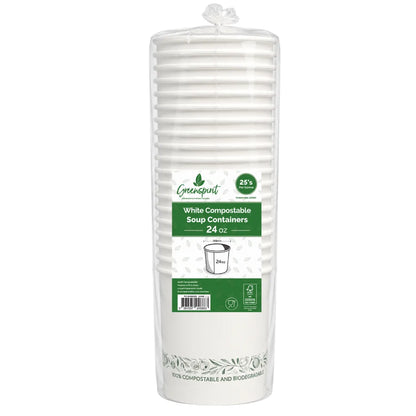 Pack of 120397 - 24oz White Greenspirit Compostable Soup Container on white background with Greenprint branding on a white background