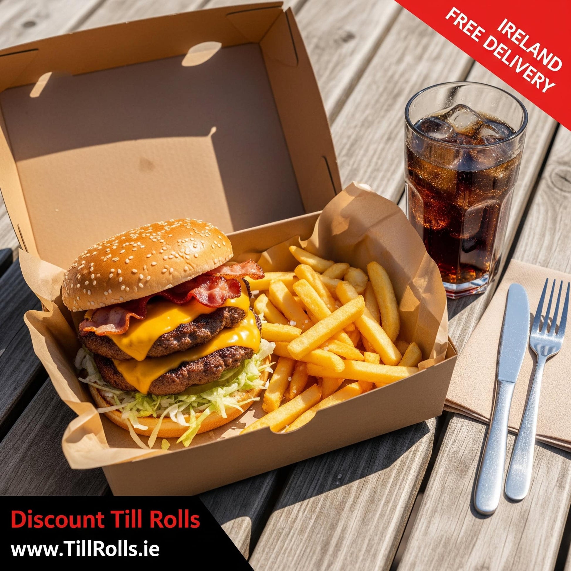 Hamburger and fries in a #12 Kraft Clamshell Menu Box (HP4) with a glass of soda on a wooden table, featuring 'Discount Till Rolls' branding.