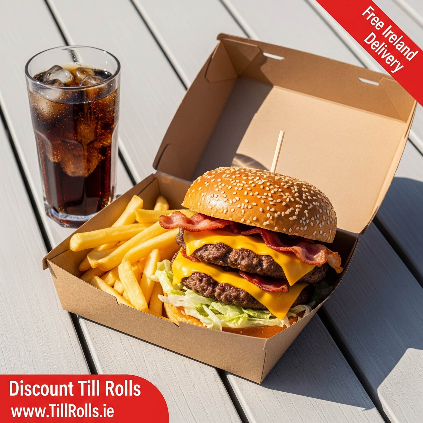 #12 Eco Clamshell Menu Box with burer and chips on a table with a glass of cola