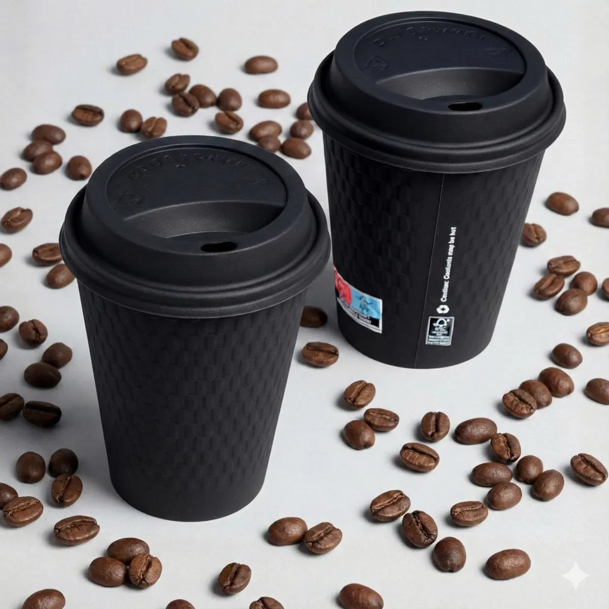 two 12oz Black Embossed PE DW Hot Cups with lids on a table with scattered coffee beans