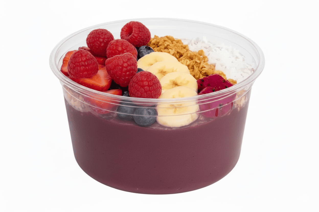 12oz Clear Round RPET Açaí Container (DC1) with fruits and granola in a clear container on a white background