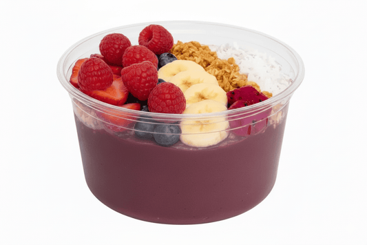 12oz Clear Round RPET Açaí Container (DC1) with fruits and granola in a clear container on a white background