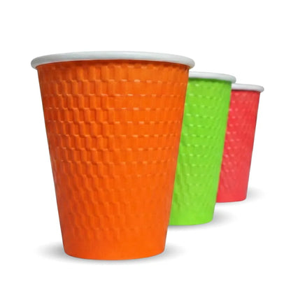 Close up of three 12oz Embossed PE DW Hot Cups Assorted Colours 