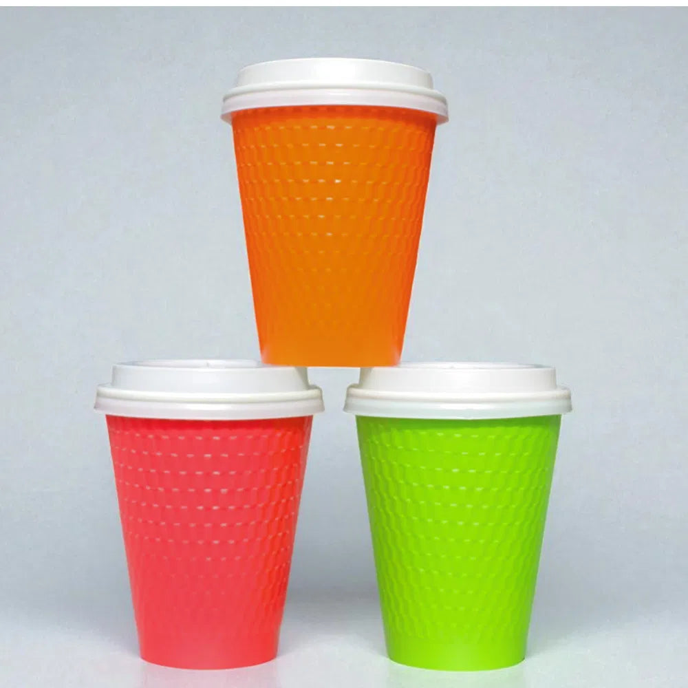 three  12oz Embossed PE DW Hot Cups Assorted Colours 
