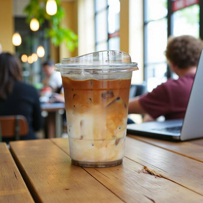 Iced coffee in a 12oz RPET Cater Juice Cups (95mm) (JC4) on a wooden table with a blurred cafe background