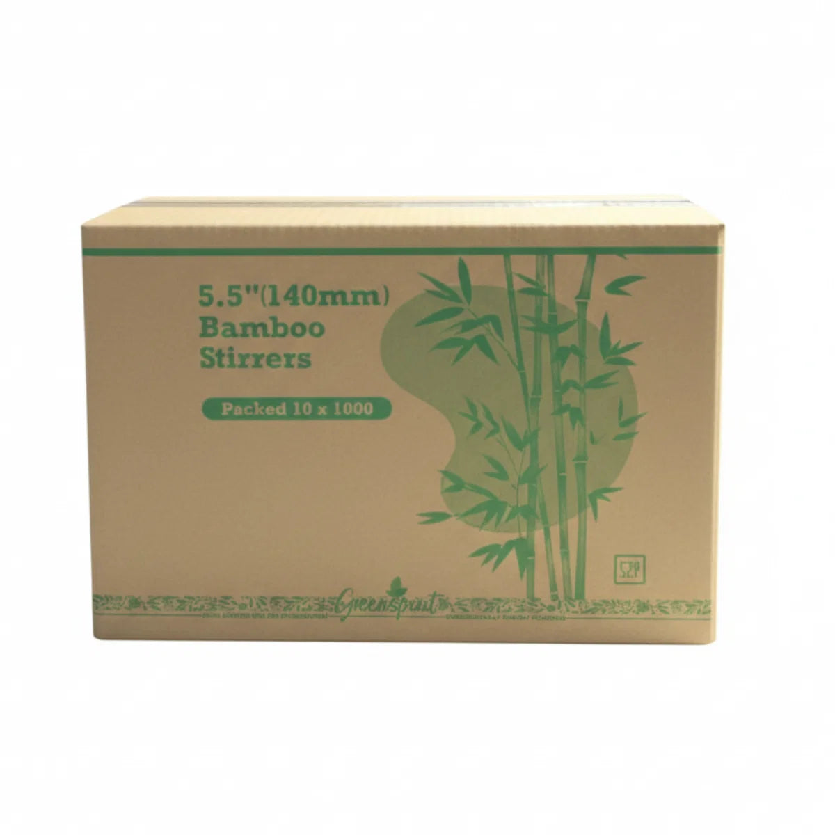 Box of 5.5" Bamboo Stirrers with green bamboo illustrations on a white background