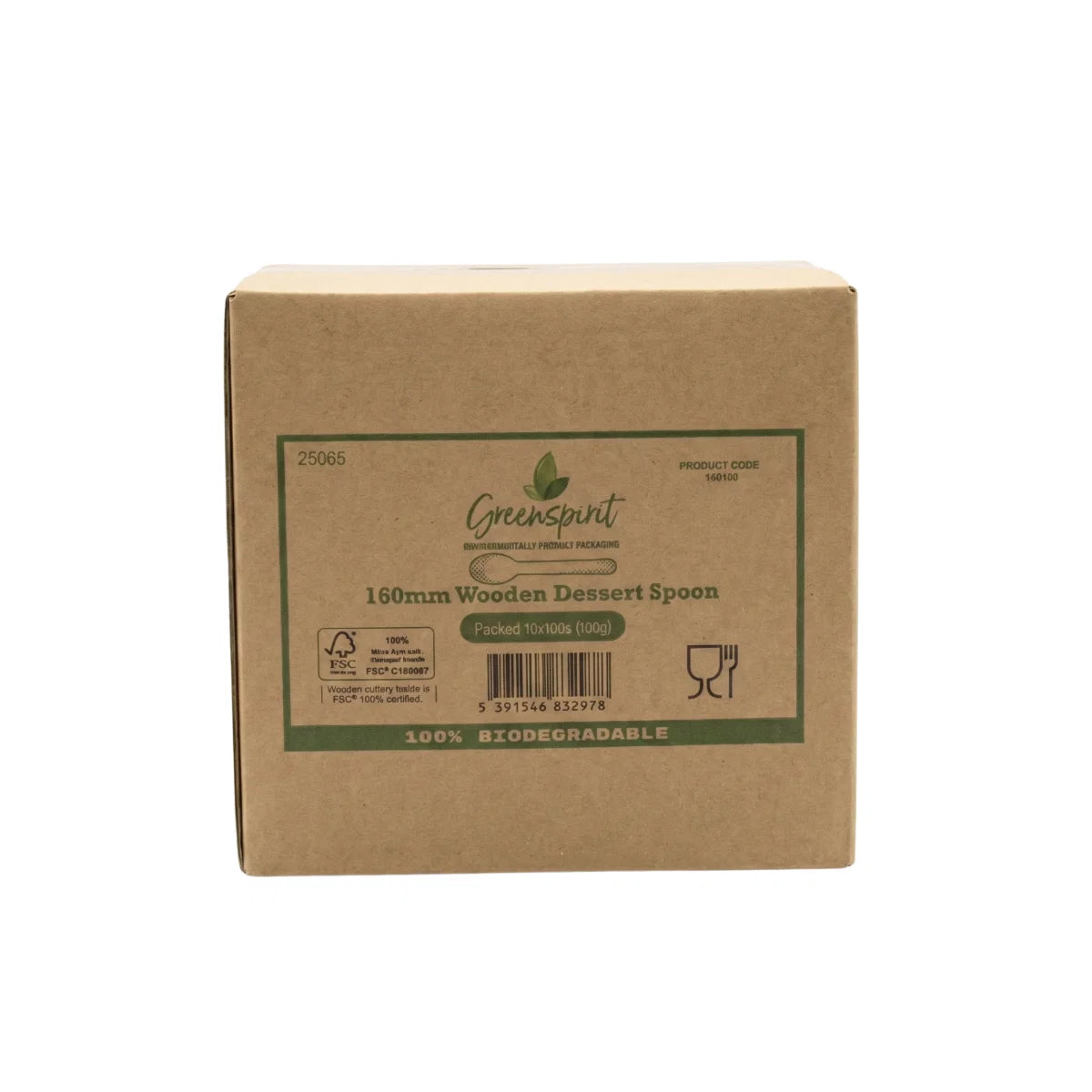Cardboard box OF Greenspirit Wooden Dessert SpoonS with 'Greenspirit' branding and product details on a white background