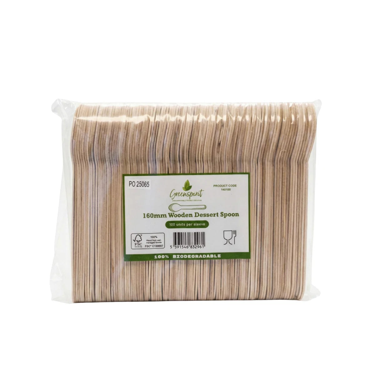 Pack of Greenspirit Wooden Dessert SpoonS with a label on a white background