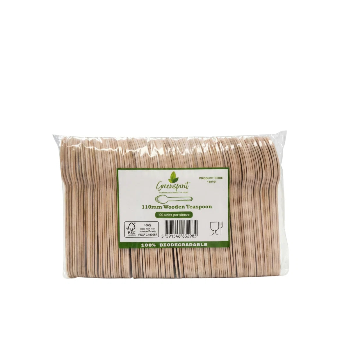 Pack of Greenspirit Wooden Teaspoon with a green label on a white background
