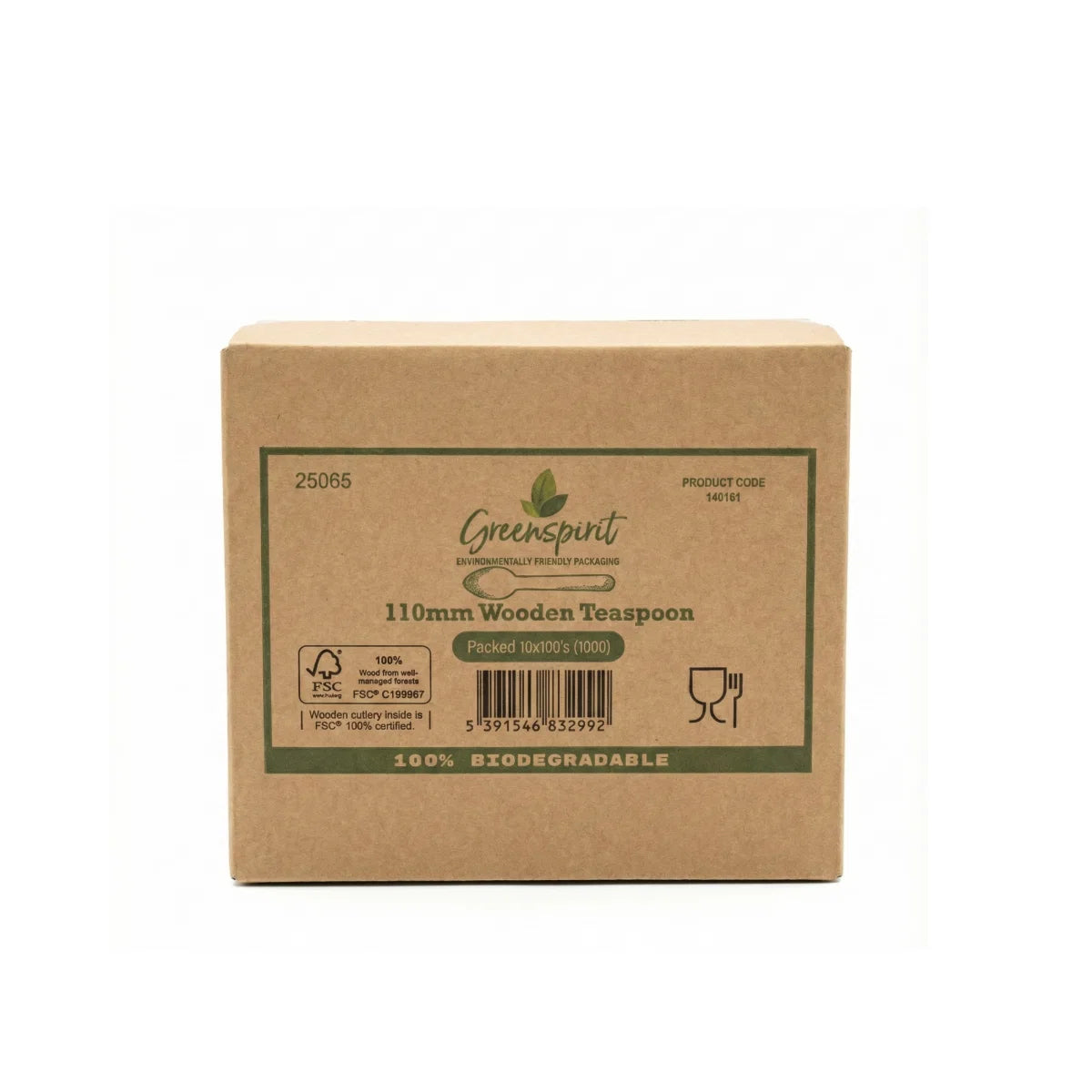 Greenspirit Wooden Teaspoon Cardboard box with 'Greenspirit' branding and product details on a white background