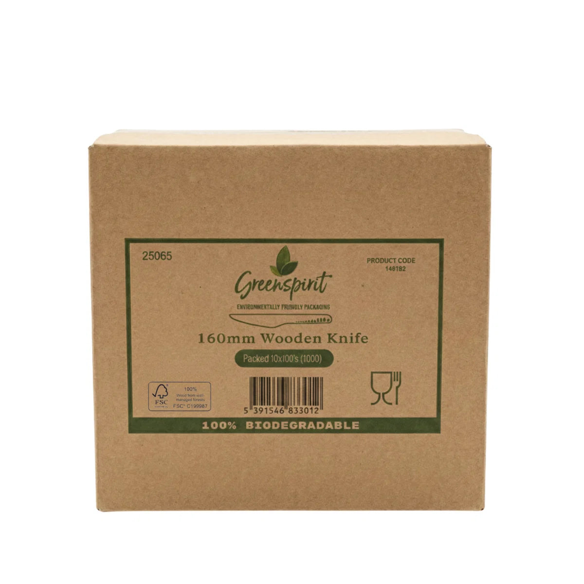 Greenspirit Wooden Knife Cardboard box with 'Green Spirit' branding for 160mm wooden knife packaging.