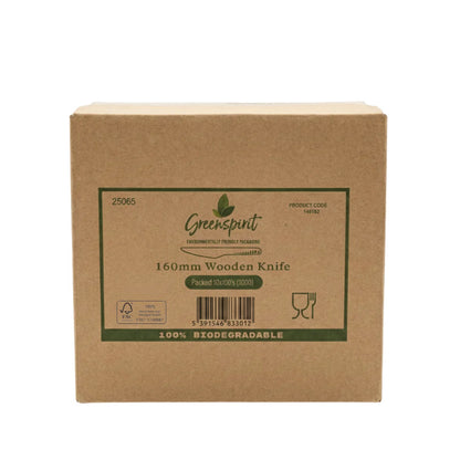 Greenspirit Wooden Knife Cardboard box with 'Green Spirit' branding for 160mm wooden knife packaging.