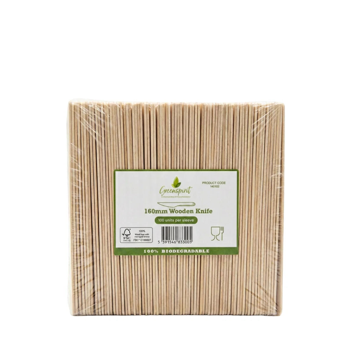 Pack of Greenspirit Wooden Knifes with a green label on a white background