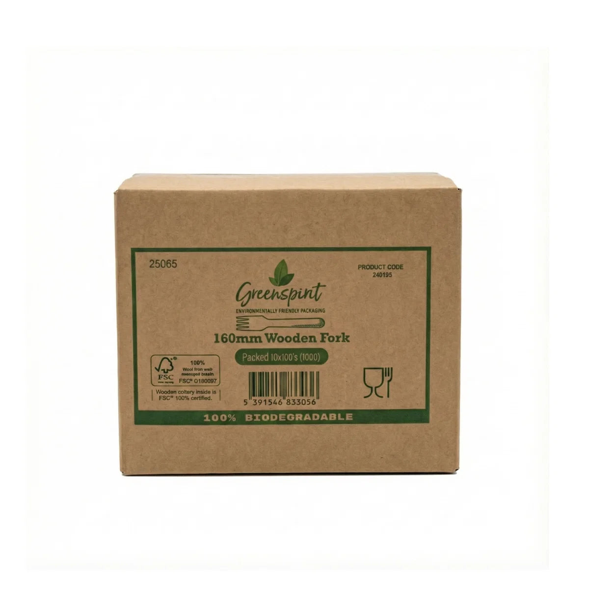 Greenspirit Wooden Fork Cardboard box with 'Greenspirit' branding and product information on a white background